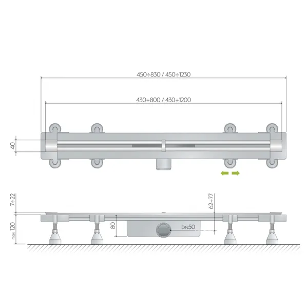 Omp Tea - SUMISURA podlahový žľab s roštom z nerezové oceli, L-450-1230, DN50 983.401.8