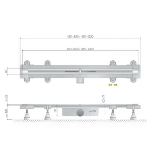Omp Tea - SUMISURA podlahový žľab s roštom z nerezové oceli, L-450-1230, DN50 983.401.8