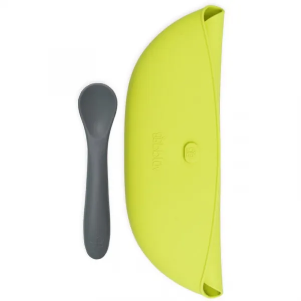BBLÜV Pöket podbradníček s lyžičkou Grey/Lime 2 ks