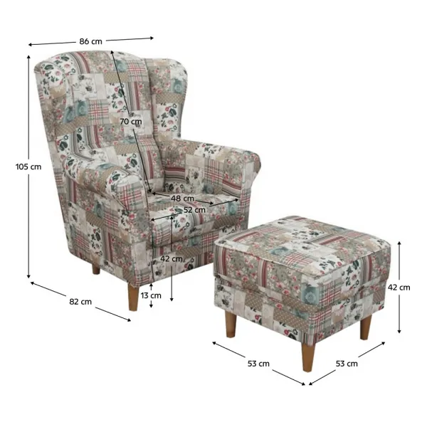 KONDELA Astrid kreslo (ušiak) s taburetkou vzor patchwork Viorica 1