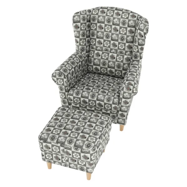 KONDELA Astrid kreslo (ušiak) s taburetkou vzor patchwork N1