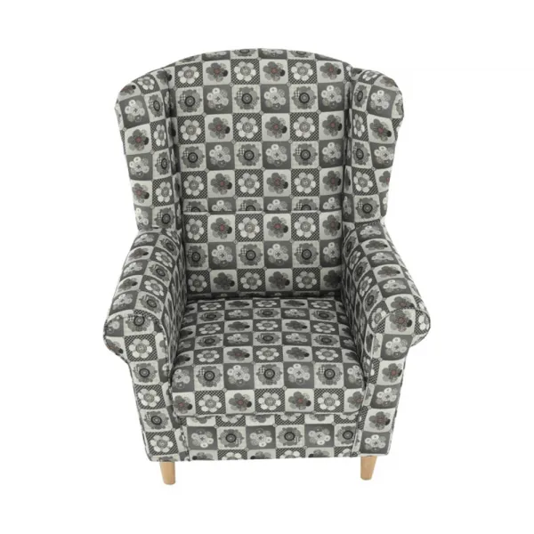 KONDELA Astrid kreslo (ušiak) s taburetkou vzor patchwork N1