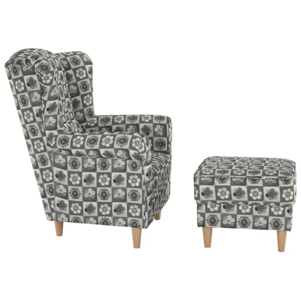 KONDELA Astrid kreslo (ušiak) s taburetkou vzor patchwork N1