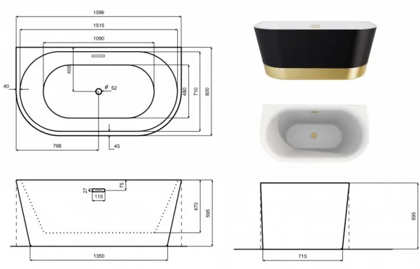 BESCO - Voľne stojaca vaňa VICA NEW s pásom, sifón s prepadom - Farba - Čierna matná tmavá, Farba sifónu - Zlatá, Rozmer vane - 160 × 80 cm VANVIC160NMZN