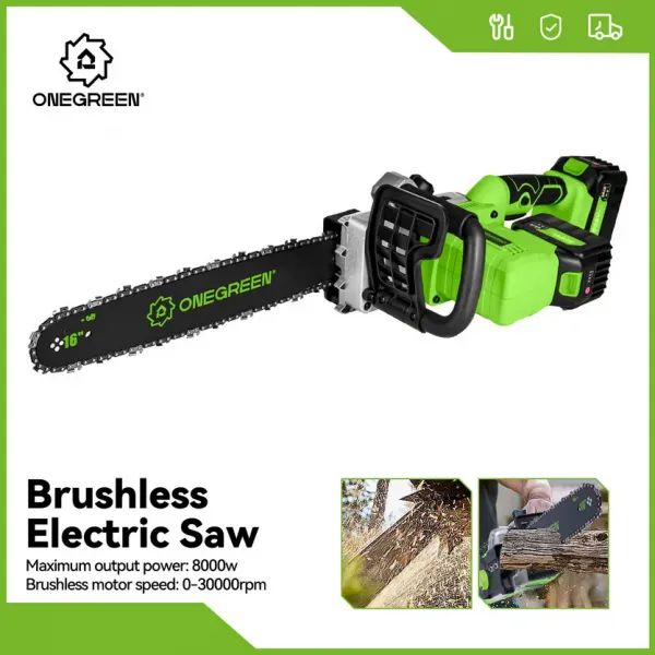 OneVan / OneGreen ONEGREEN / OneVan Najsilnejšia v ponuke, silná výkonná píla 8000W 16-palcová 40cm bezuhlíková elektrická reťazová píla.Vhodné pre batériu MAKITA 18V + rezervná reťaz v cene. Výkonné 21V  928Vf 6Ah 2 batérie