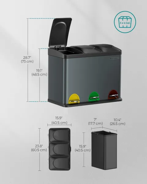 SONGMICS Odpadkový kôš na triedený odpad zeleno-sivý 3 x 15l