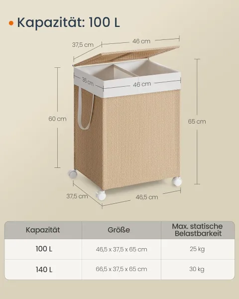 SONGMICS Pohyblivý koš na bielizeň 2D 100 l béžová