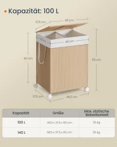 SONGMICS Pohyblivý koš na bielizeň 2D 100 l béžová