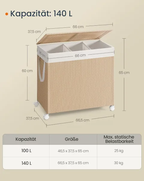 SONGMICS Pohyblivý koš na bielizeň 3D 140 l béžová