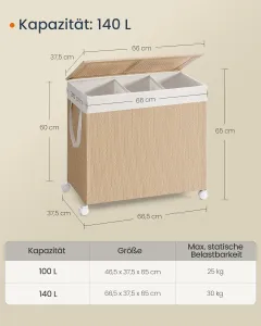 SONGMICS Pohyblivý koš na bielizeň 3D 140 l béžová