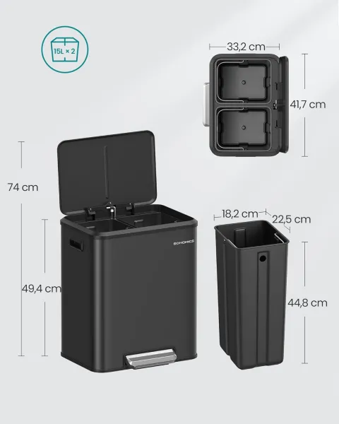 SONGMICS Kôš na triedený odpad 2 x 15 l čierna