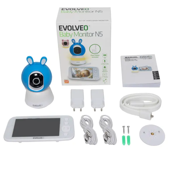 EVOLVEO Baby Monitor N5, Set videochůvičky s 360° dohledem, obousměrnou komunikací a ukolébavkami, modrá
