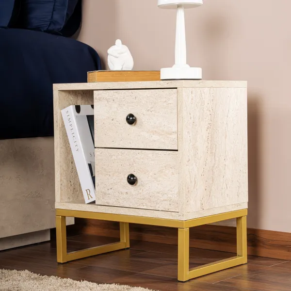 Nočný stolík Glimmer - Travertine, Gold