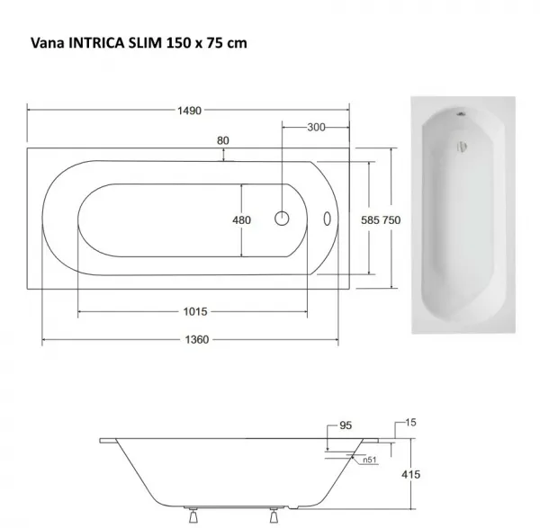BESCO - Obdĺžniková vaňa intrige SLIM - Nožičky k vani - S nožičkami, Rozmer vane - 150 × 75 cm VANINTRICA150SL + OLVPINOZ