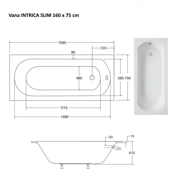 BESCO - Obdĺžniková vaňa INTRICA SLIM - Nožičky k vani - Bez nožičiek, Rozmer vane - 160 × 75 cm VANINTRICA160SL