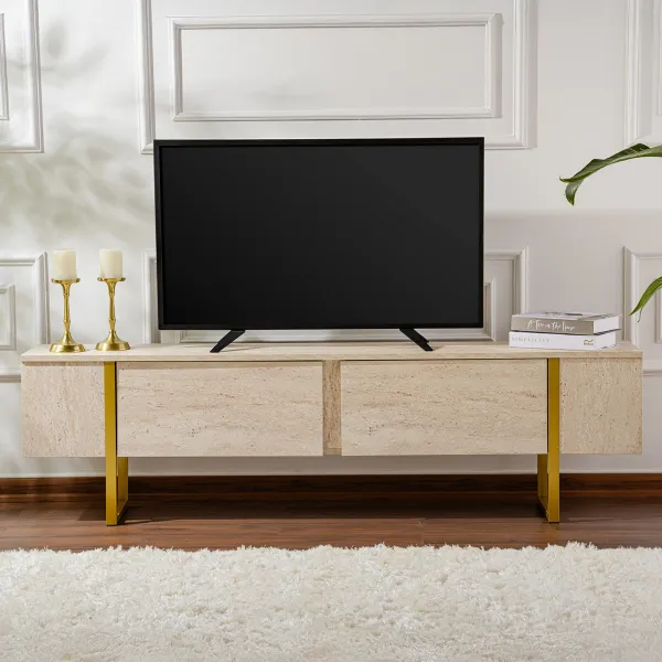 TV stolík Serenity - Travertine, Gold