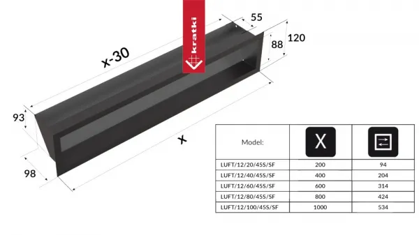 Kratki | Tunelová mriežka LUFT 120x400 45S SF plytká - čierna LUFT/12/40/45S/C/SF