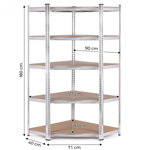 Rohový regál 180x90x40 cm Pozinkovaná oceľ, 5 políc, nosnosť 875 kg