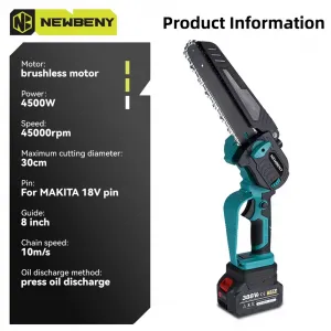 OneVAn / Newbeny Uhlovo nastaviteľná bezuhlíková elektrická píla NewBeny 8" lišta píla s digitálnym displejom vhodná pre batériu Makita 18V 1 x lišta 1 x reťaz