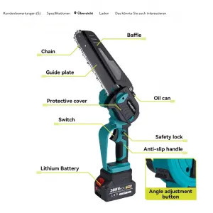 OneVAn / Newbeny Uhlovo nastaviteľná bezuhlíková elektrická píla NewBeny 8" lišta píla s digitálnym displejom vhodná pre batériu Makita 18V 1 x lišta 1 x reťaz