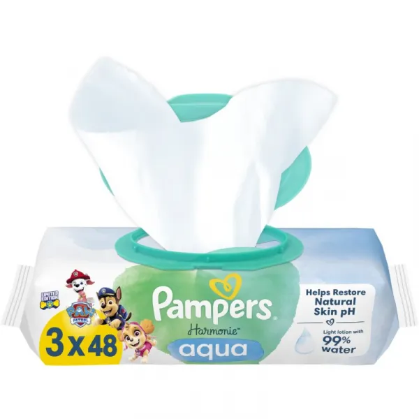 Pampers Harmonie Aqua Paw Patrol vlhčené čistiace obrúsky pre deti 144 ks