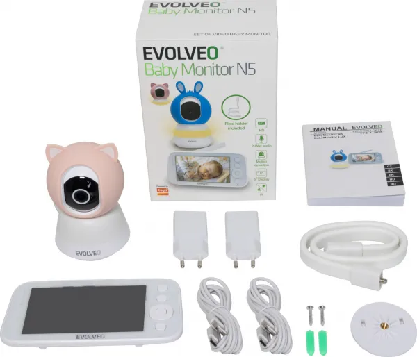 EVOLVEO Baby Monitor N5 - Set videochůvičky s 360° dohledem, obousměrnou komunikací a ukolébavkami,