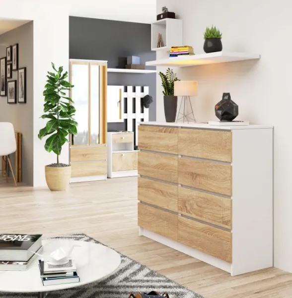 Ak furniture Komoda Kuba 120 cm 8 zásuviek biela/sonoma