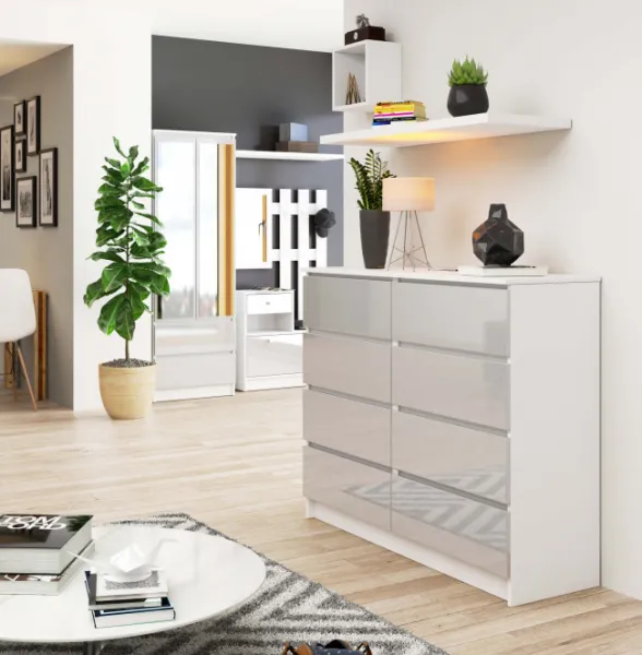 Ak furniture Komoda Kuba 120 cm 8 zásuviek biela/sivá