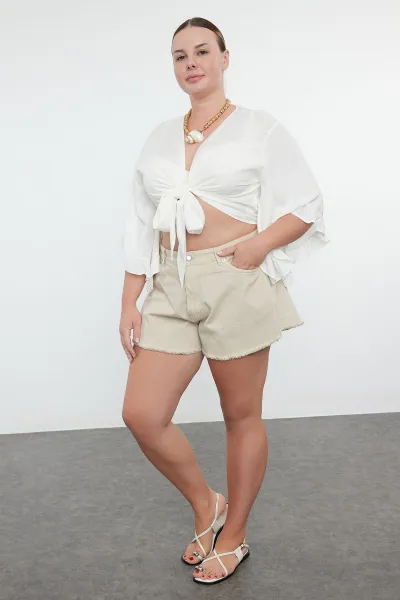 Trendyol Curve Ecru Crop Sleeve Ruffle Flounce Double Breasted Neck Beach Wear Blouse