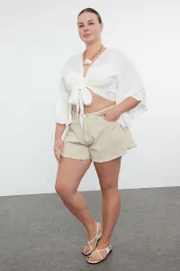 Trendyol Curve Ecru Crop Sleeve Ruffle Flounce Double Breasted Neck Beach Wear Blouse