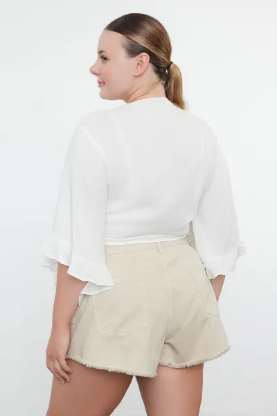 Trendyol Curve Ecru Crop Sleeve Ruffle Flounce Double Breasted Neck Beach Wear Blouse