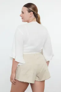 Trendyol Curve Ecru Crop Sleeve Ruffle Flounce Double Breasted Neck Beach Wear Blouse