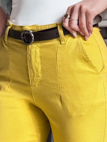 Dámske slim fit nohavice TAIRONIK s opaskom, horčicové