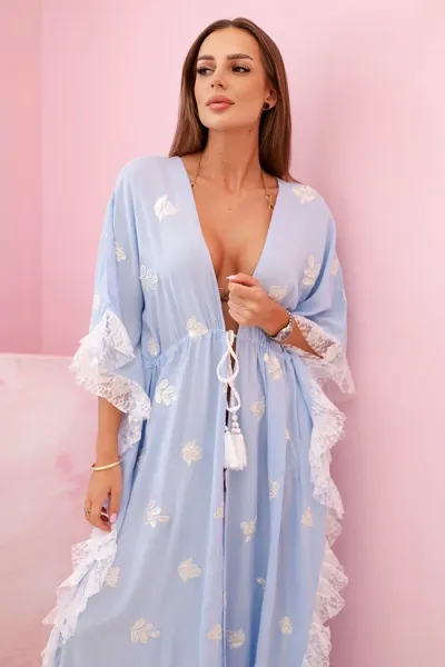 Kesi Włoski Dámsky boho viskózový plášť s čipkou modrý