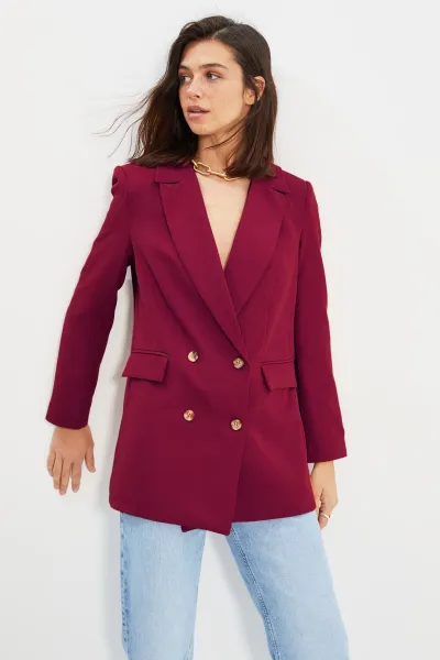 Trendyol Burgundy Oversize Lined Buttoned Woven Blazer Jacket