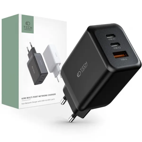 Tech-Protect Multi Port sieťová nabíjačka USB / 2x USB-C QC 65W, čierna