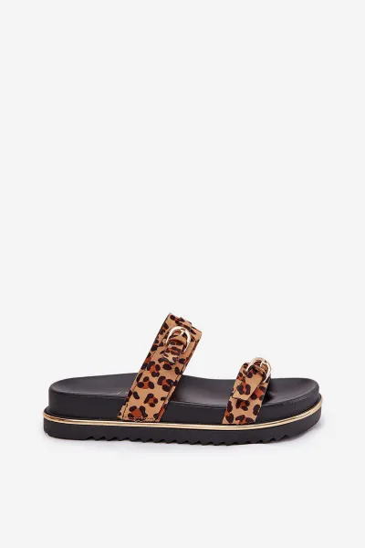 Boto Dámske pantofle s leopardím vzorom na platforme so strapcami a prackami hnedé Ziferte