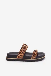 Boto Dámske pantofle s leopardím vzorom na platforme so strapcami a prackami hnedé Ziferte