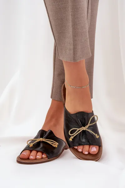 Boto Kožené Ploché Elegantné Sandále S Mašľou Lewski 3572 Čierne