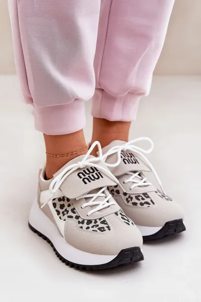 Boto Športové Topánky Sneakers Dámske Na Platforme Leopard Bielo-Bežové Pumbes