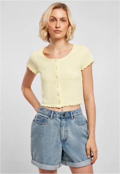 Women's T-shirt with button and rib fastening in soft yellow color