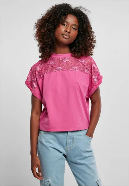 Women's short oversized lace t-shirt in light purple color