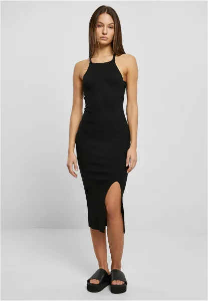 Women's Ribbed Midi Knit Dress Crossed at Back Black