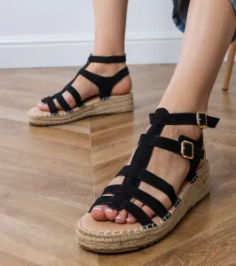 Gemre Čierne sandále espadrilky na nízkej platforme Amur