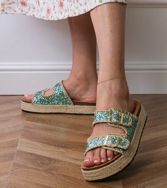 Gemre Zelené brokátové espadrilky s prackami Induri