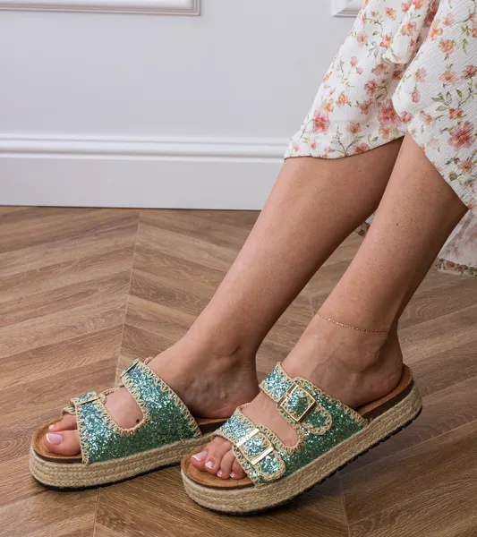 Gemre Zelené brokátové espadrilky s prackami Induri