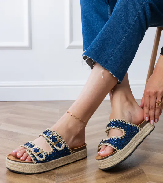 Gemre Tmavomodré brokátové espadrilky s prackami Induri