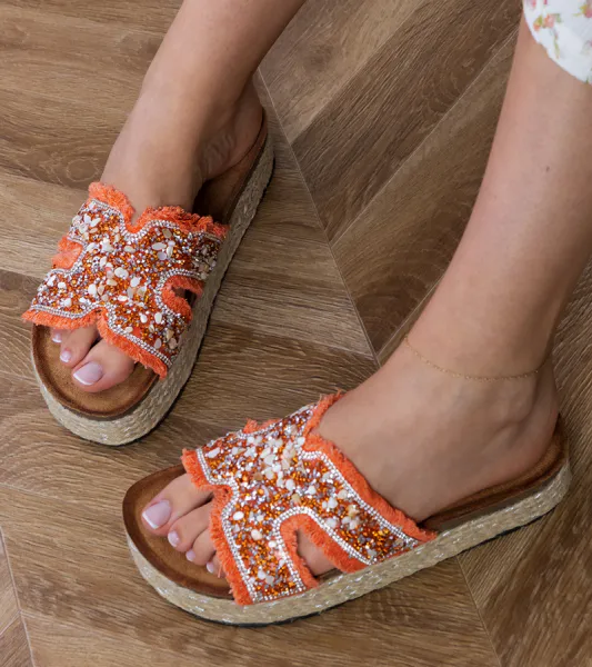 Gemre Oranžové espadrilky s kamienkami a zirkónmi Najros