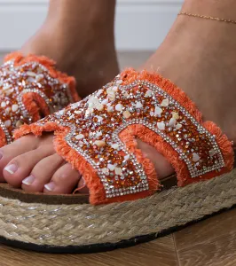 Gemre Oranžové espadrilky s kamienkami a zirkónmi Najros