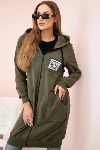 Legínovo Dámska predĺžená mikina s kapucňou a zipsom sivá Farba: Khaki, Veľkosť: UNI